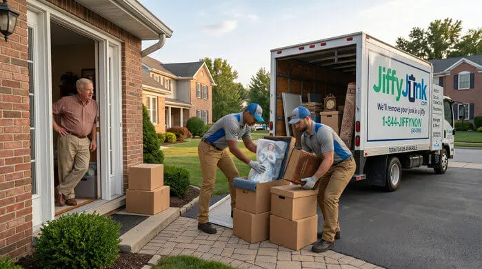 Two professional Jiffy Junk team members wearing branded Jiffy Blue and Jiffy Teal uniforms compassionately clear and carry away accumulated belongings from a home to a well-maintained, branded truck, delivering the White Glove Treatment for hoarding cleanout services in Dayton, OH.