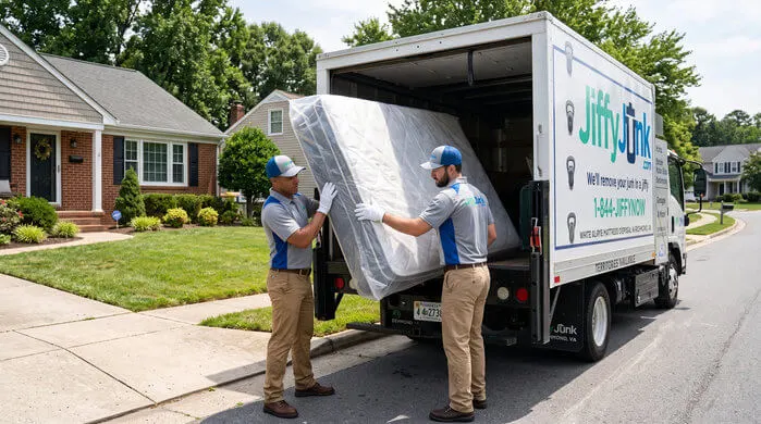 Two professional Jiffy Junk team members wearing branded Jiffy Blue and Jiffy Teal uniforms carry a plastic-wrapped mattress from a home toward a well-maintained, branded truck, delivering the White Glove Treatment for mattress disposal services in Richmond, VA.