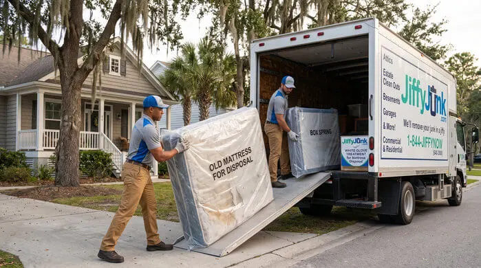 Two professional Jiffy Junk team members wearing branded Jiffy Blue and Jiffy Teal uniforms carry a plastic-wrapped mattress from a home toward a well-maintained, branded truck, delivering the White Glove Treatment for mattress disposal services in Wilmington, NC.