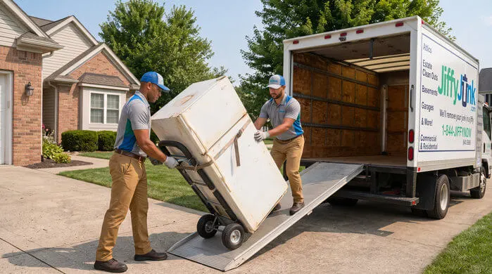 Two professional Jiffy Junk team members wearing branded Jiffy Blue and Jiffy Teal uniforms carefully load an old refrigerator onto a hand truck and toward a well-maintained, branded truck, delivering the White Glove Treatment for refrigerator disposal services in Grand Rapids, MI.