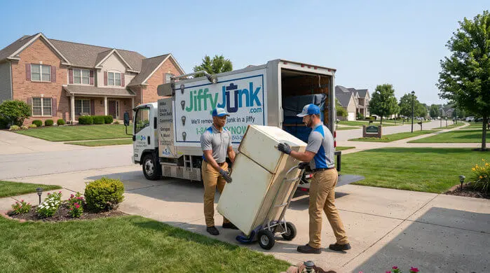 Two professional Jiffy Junk team members wearing branded Jiffy Blue and Jiffy Teal uniforms carefully load an old refrigerator onto a hand truck and toward a well-maintained, branded truck, delivering the White Glove Treatment for refrigerator disposal services in Toledo, OH.