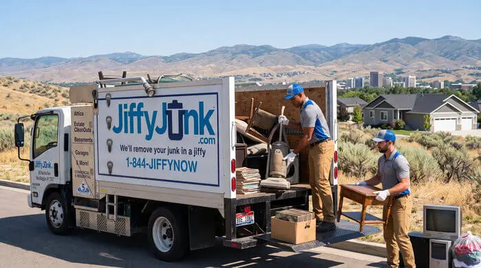 Two professional Jiffy Junk team members wearing branded Jiffy Blue and Jiffy Teal uniforms load assorted household junk into a well-maintained, branded truck, delivering the White Glove Treatment for junk removal services in Boise, ID.