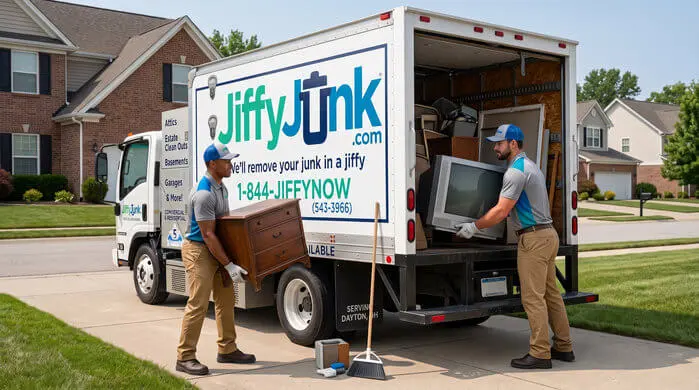 Two professional Jiffy Junk team members wearing branded Jiffy Blue and Jiffy Teal uniforms load assorted household junk into a well-maintained, branded truck, delivering the White Glove Treatment for junk removal services in Dayton, OH.