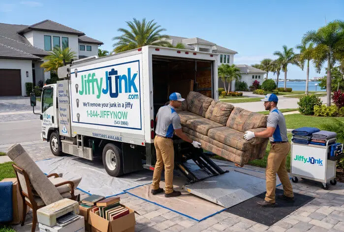 Two professional Jiffy Junk team members wearing branded Jiffy Blue and Jiffy Teal uniforms load assorted household junk into a well-maintained, branded truck, delivering the White Glove Treatment for junk removal services in Sarasota, FL.