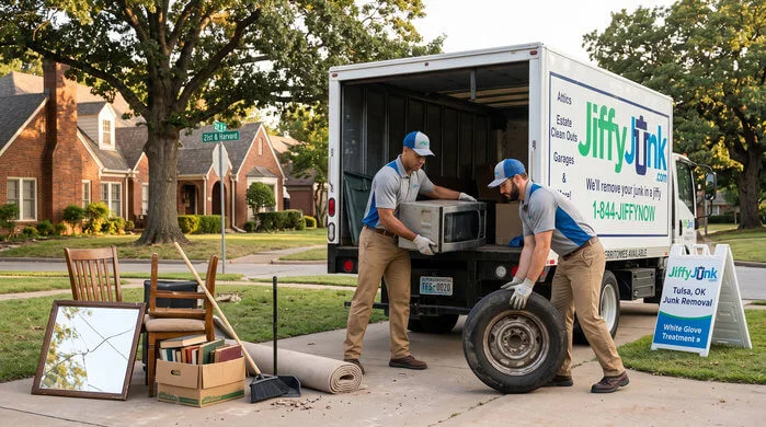 Two professional Jiffy Junk team members wearing branded Jiffy Blue and Jiffy Teal uniforms load assorted household junk into a well-maintained, branded truck, delivering the White Glove Treatment for junk removal services in Tulsa, OK.