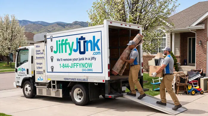 Two professional Jiffy Junk team members wearing branded Jiffy Blue and Jiffy Teal uniforms carry away clutter and unwanted items during a spring cleanout toward a well-maintained, branded truck, delivering the White Glove Treatment for spring cleaning junk removal services in Collins, CO.